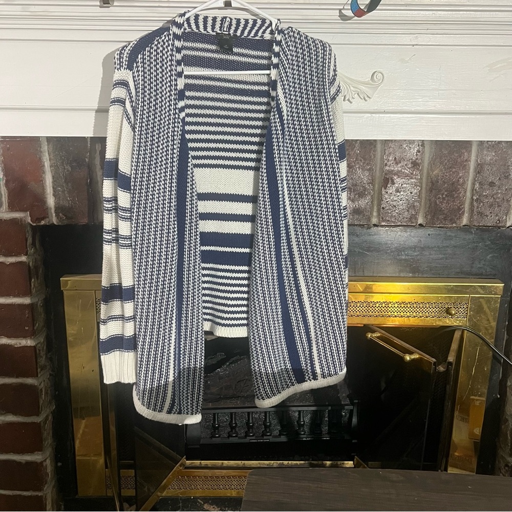 Ann Taylor Factory Blue/White Stripe Open Front Cotton Cardigan Size PL